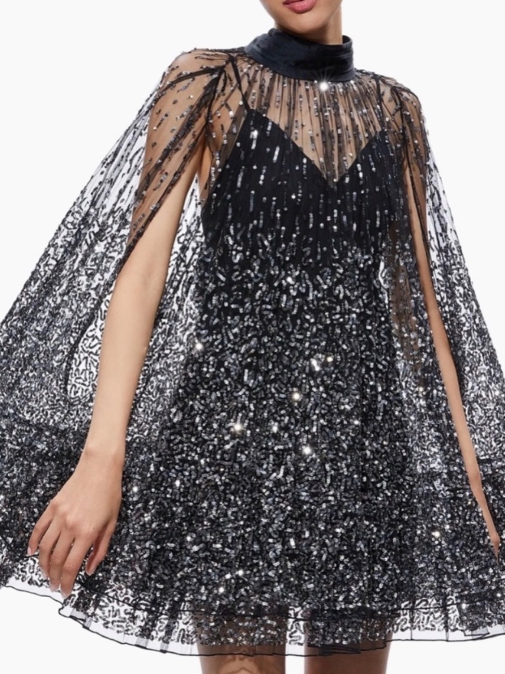 Alice + Olivia Zenon Embellished Black Cape Mini Dress Size US 6 $1,495 - Picture 3 of 14